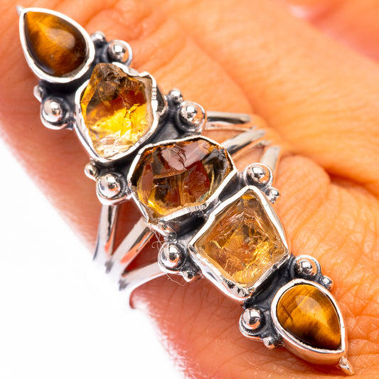 Large Raw Citrine, Tiger Eye Ring Size 9.25 (925 Sterling Silver) R140852