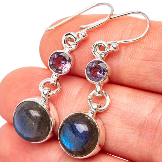 Labradorite drop earrings with purple accent stone, .925 sterling silver hooks