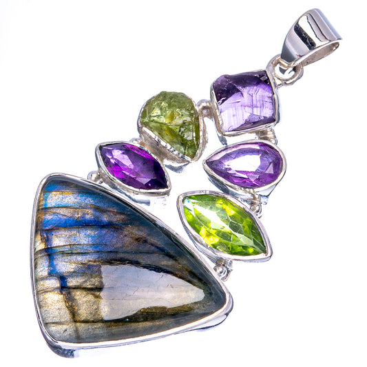 Sterling silver heart pendant with bail, labradorite, amethyst, and peridot gemstones