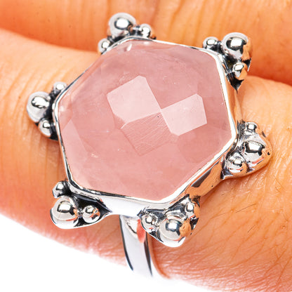 Rose quartz statement ring with faceted pink gemstone and silver prong bezel