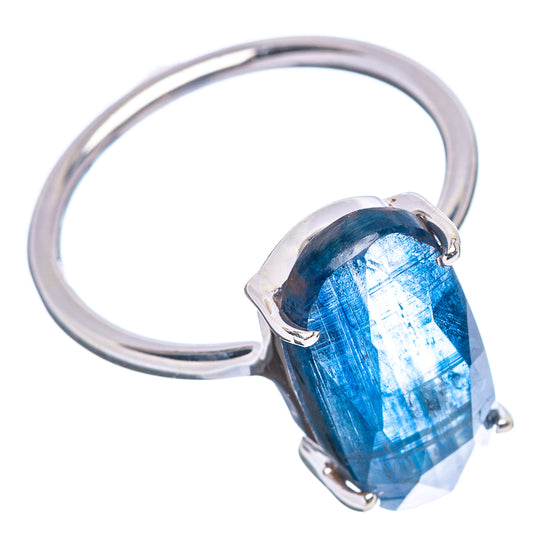 Faceted blue kyanite ring in .925 sterling silver, oval stone with side prongs