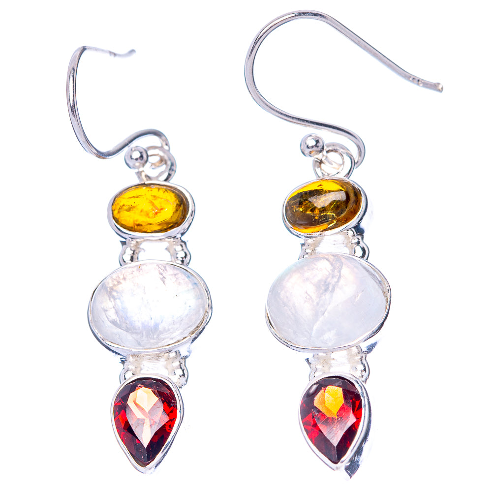 Sterling silver drop earrings with yellow oval, moonstone round, and red teardrop stones