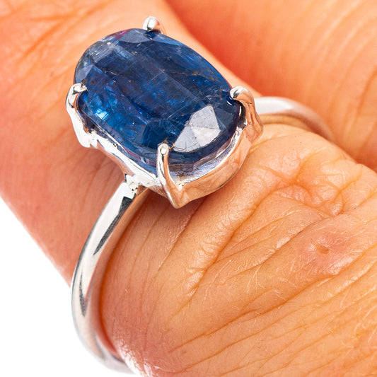Kyanite gemstone sterling silver ring with blue oval stone and open prongs