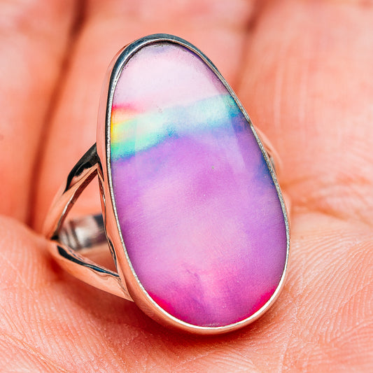 Teardrop opal ring with purple iridescent gemstone and slim sterling silver band
