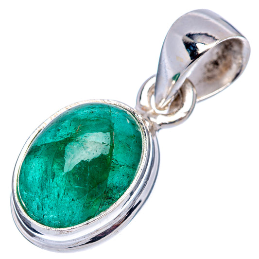 Sterling silver oval emerald pendant with green cabochon stone, round bezel and bail