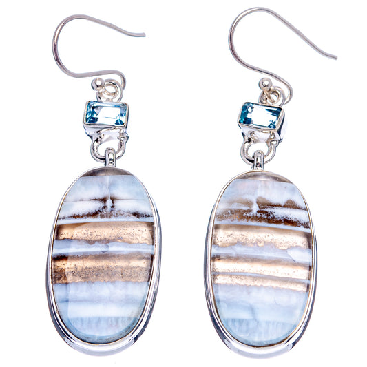 Sterling silver drop earrings with blue topaz square accents and oval striped stones
