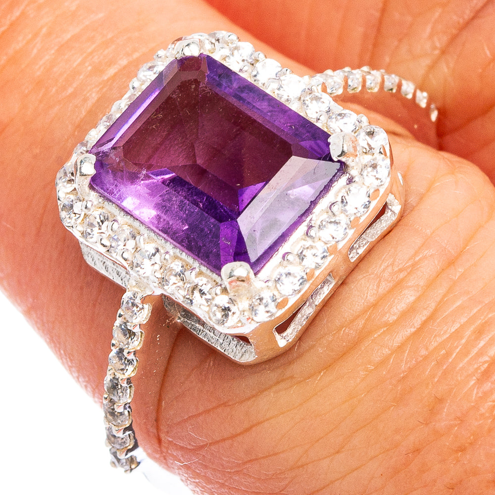 Faceted Amethyst, Cubic Zirconia Ring Size 7.25 (.925 Sterling Silver)