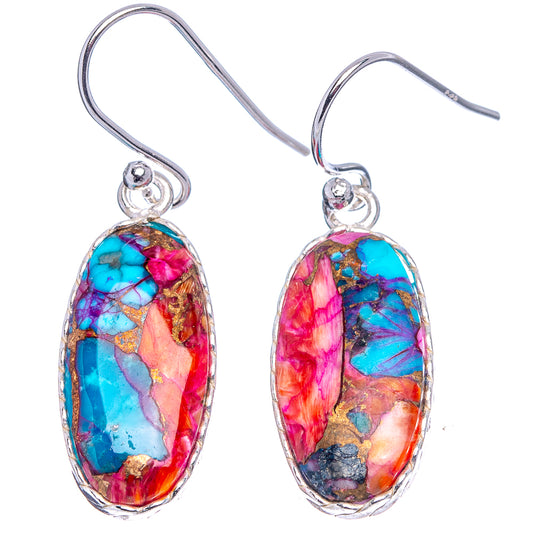 Sterling silver oval dangle earrings with multicolor cabochon stones and hook backs
