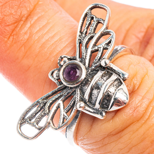 Amethyst bee dainty ring in .925 sterling silver, purple round center, openwork wings
