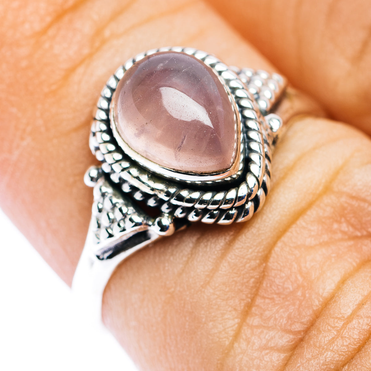 925 sterling silver ring with oval pink rose quartz, ornate rope bezel