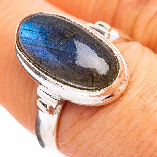 Oval labradorite ring with .925 sterling silver bezel, dark blue flash