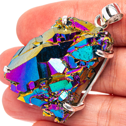 Titanium aura quartz pendant in .925 sterling silver, iridescent multicolor crystal cluster
