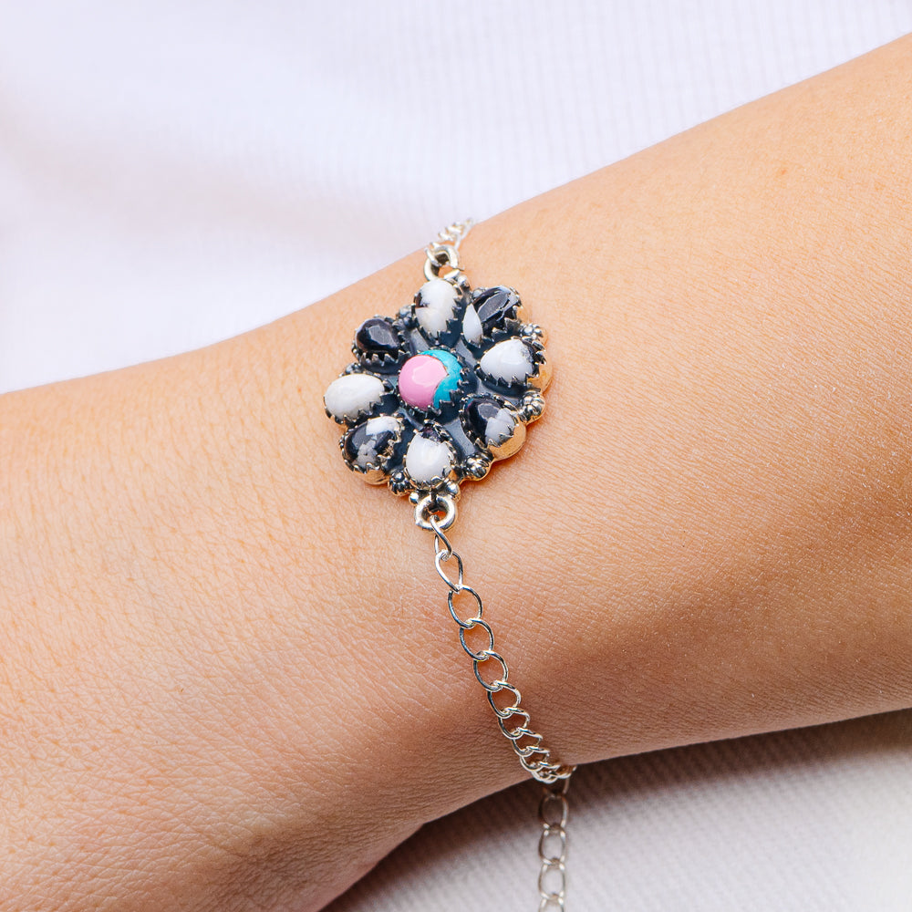 Southwestern Style White Buffalo Turquoise, Cotton Candy Turquoise Bracelet 8 5/8" (.925 Sterling Silver)