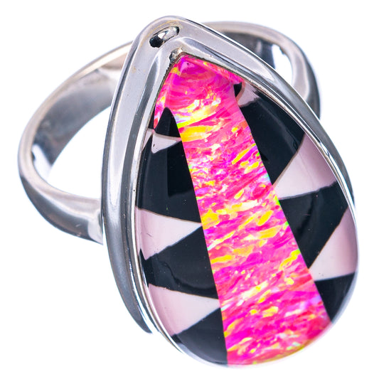 Sterling silver opal ring size 7 with black-and-white striped teardrop, pink glow