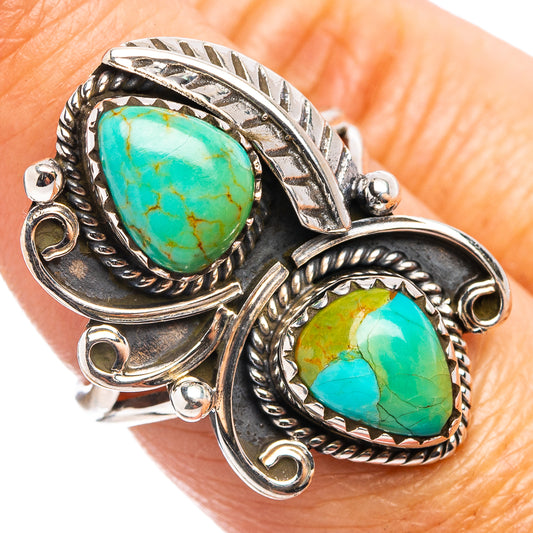 Turquoise and sterling silver ring with two oval stones and ornate rope setting
