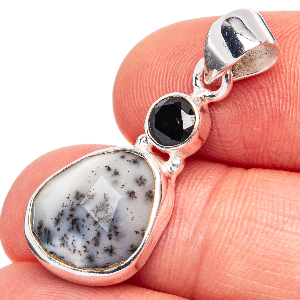 Dainty Dendritic Opal, Black Onyx Pendant 1 1/4" (925 Sterling Silver) P45260