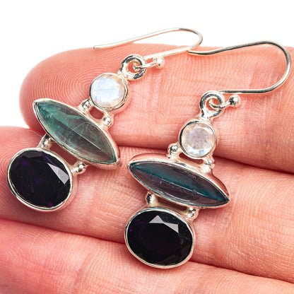 Amethyst, Aquamarine, Rainbow Moonstone Earrings 1 5/8" (925 Sterling Silver) E432676