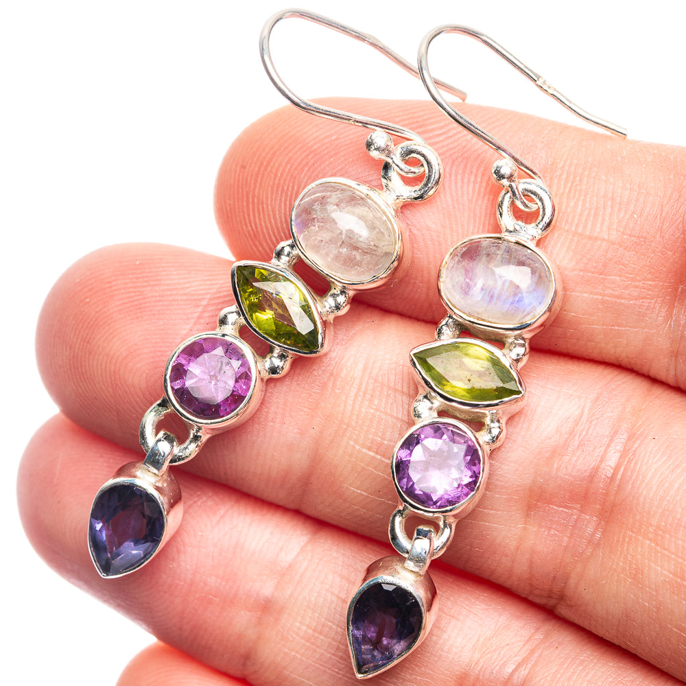 Sterling silver drop earrings with moonstone, peridot green, amethyst purple, blue teardrops