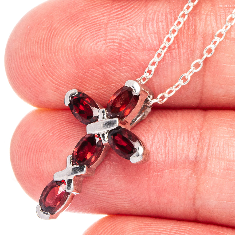 Sterling silver cross necklace with marquise garnet red stones and chain links