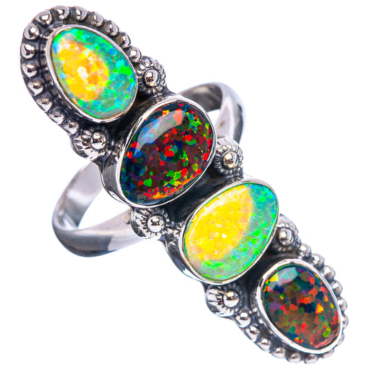 Sterling silver-tone ring with four oval opal bezels in green, yellow, and red