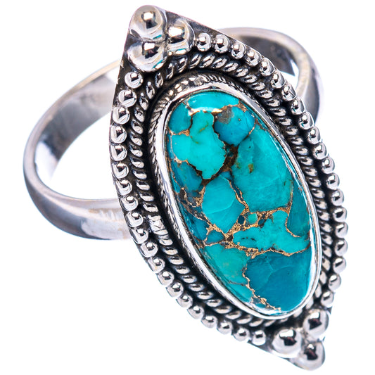 Sterling silver size 8.5 ring with oval blue-green turquoise stone, beaded bezel