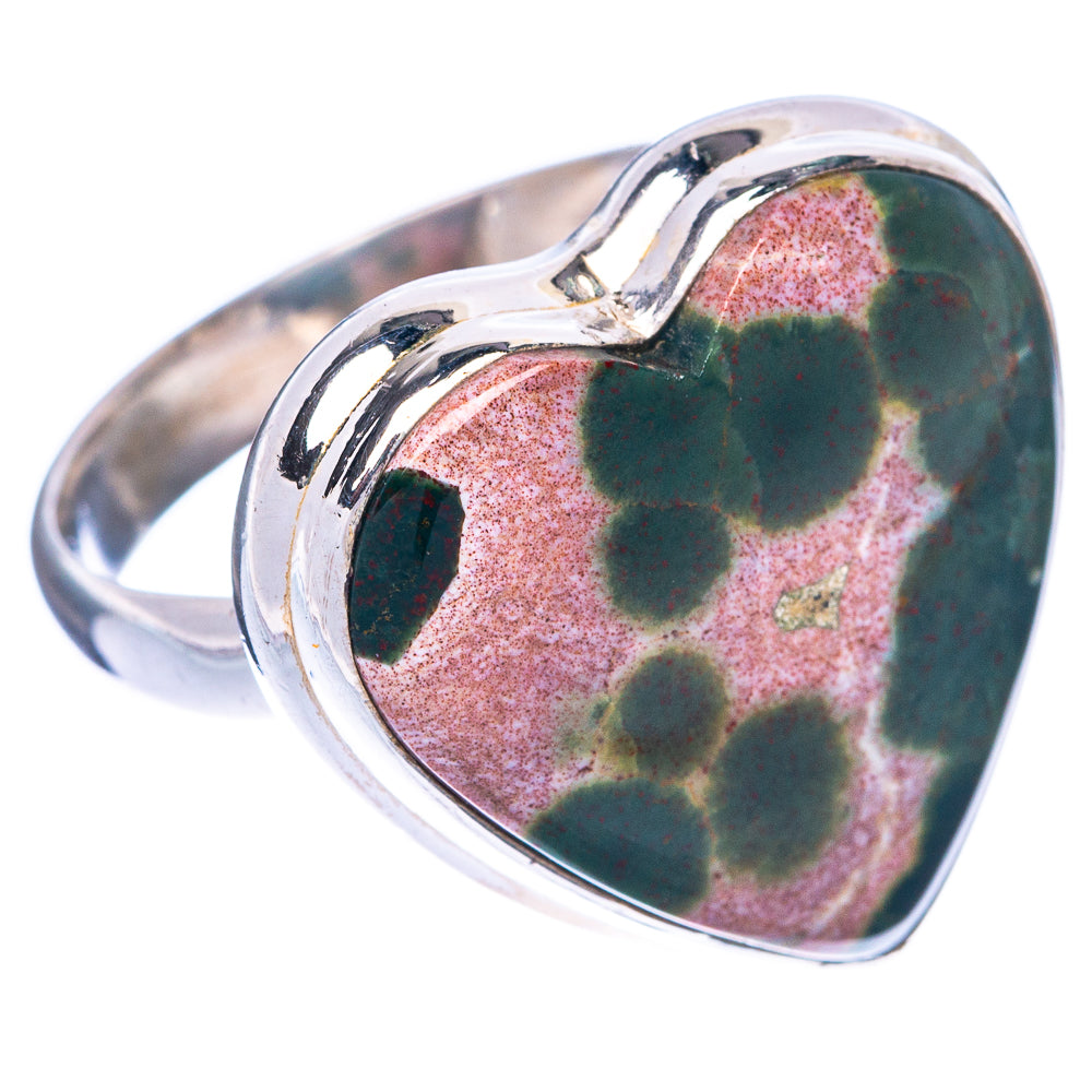 Sterling silver heart ring with ocean jasper cabochon, green and pink mottled pattern