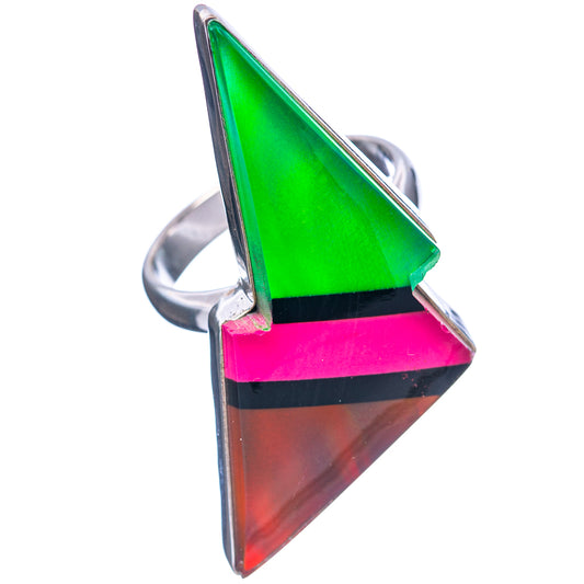 Triangular opal-style gemstone ring in green and pink on .925 sterling silver band