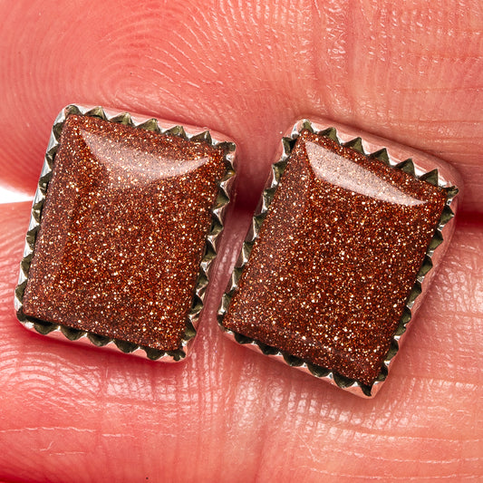 Goldstone stud earrings, square glitter brown with silver prong bezel