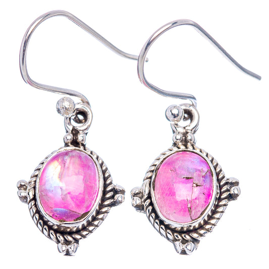 Pink moonstone drop earrings with ornate .925 sterling silver frames and fishhook backs