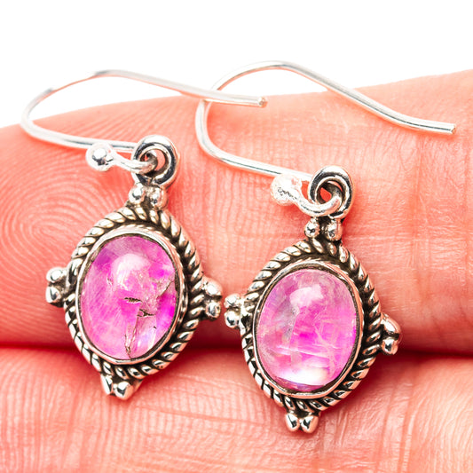 Pink moonstone drop earrings, oval pink stone in .925 sterling silver with hook