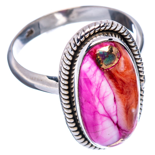Side view oval magenta, orange cabochon turquoise-accent sterling silver ring