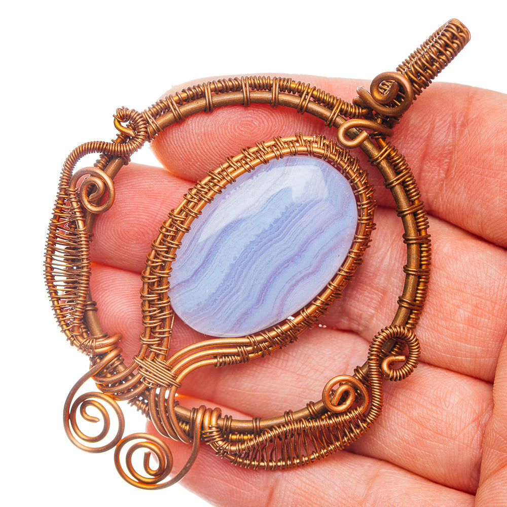 Blue Lace Agate Wire Wrap Pendant 3 1/4" (Copper)