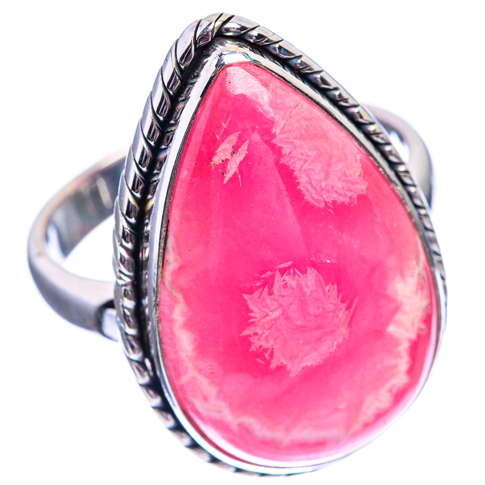 Pink rhodochrosite oval sterling silver ring with rope bezel and split shank