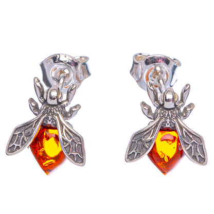 Baltic Amber Honey Bee Earrings 3/8" (.925 Sterling Silver)