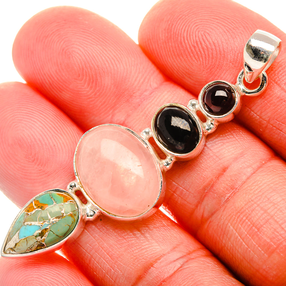Rose Quartz, Blue Copper Composite Turquoise, Garnet Pendant 2 1/4" (925 Sterling Silver) PD38186