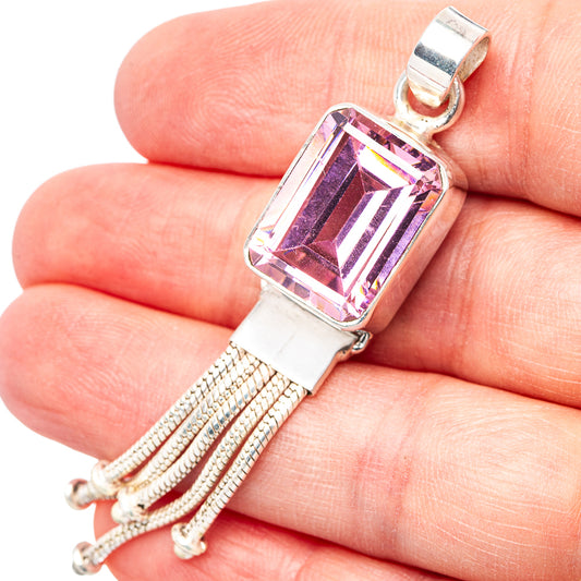 Pink quartz rectangular pendant on .925 sterling silver frame with tassel bail