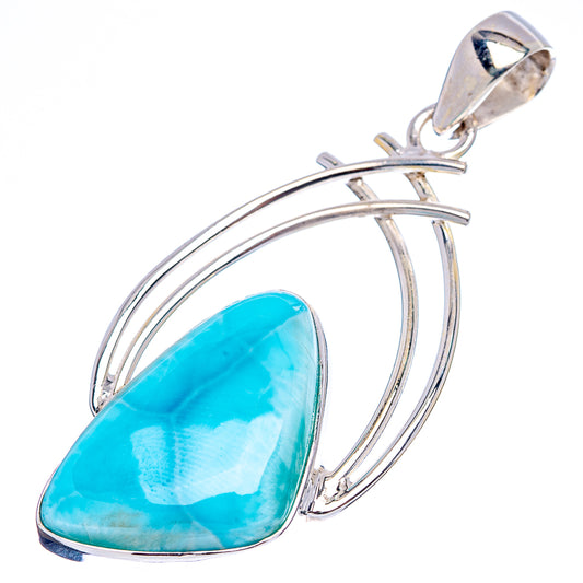 Sterling silver larimar teardrop pendant viewed from side, open-arc wire frame