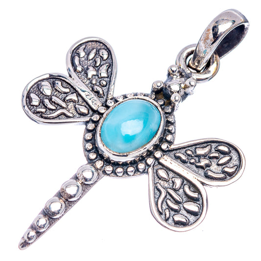 Dragonfly pendant in .925 sterling silver with blue Larimar stone, beaded edge, and loop bail