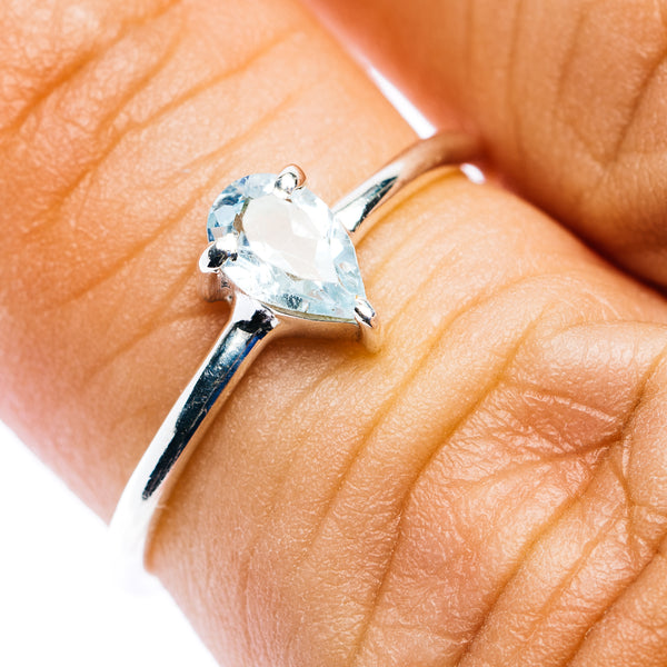 925 sterling silver stackable ring with blue topaz teardrop stone, prong-set