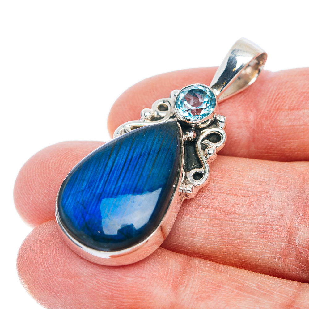 Premium Labradorite, Blue Topaz Pendant 1 5/8" (.925 Sterling Silver)