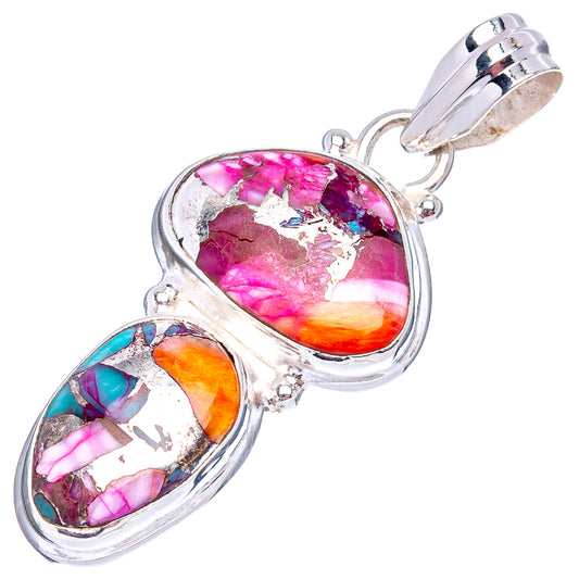Sterling silver pendant with two oval pink and turquoise gemstone cabochons, bail