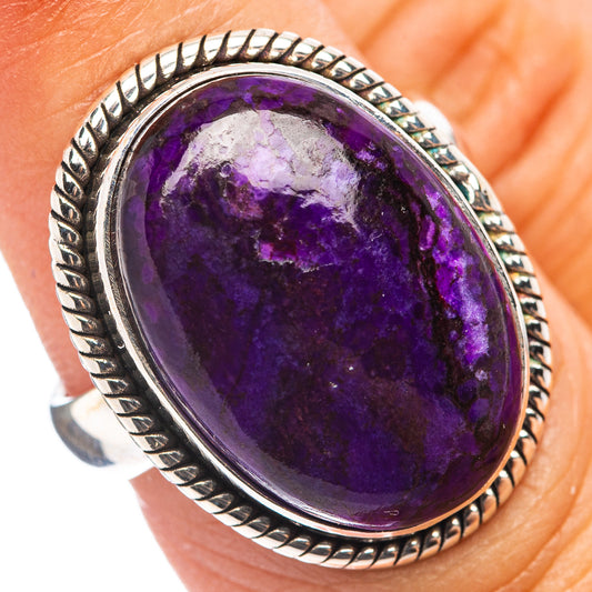 Oval purple Sugilite ring with sterling silver rope bezel, size 6.75
