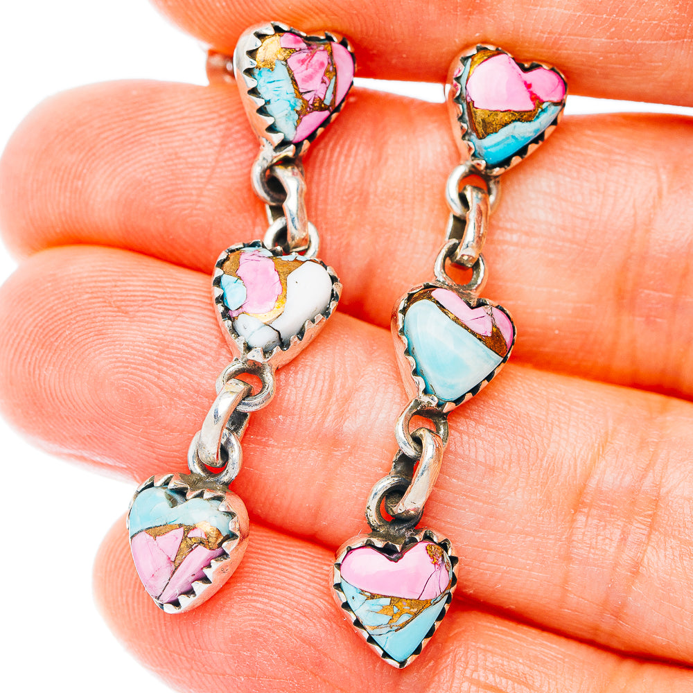 Exclusive Southwestern Style Cotton Candy Dahlia Turquoise Heart Earrings 1 5/8" (.925 Sterling Silver)
