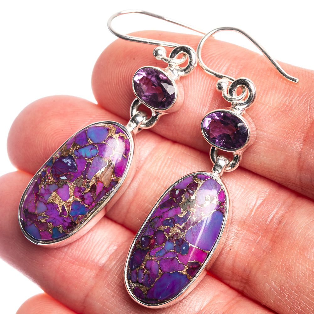 Amethyst purple oval dangle earrings with purple stone cabochons and silver hooks