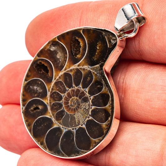 Ammonite fossil pendant .925 sterling silver bail, brown and gold spiral cross-section