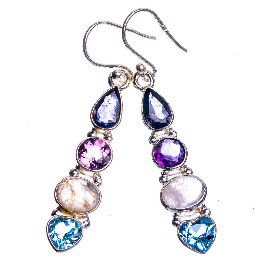 Sterling silver chandelier earrings with dark blue, purple, rose, moonstone-like, and aqua stones