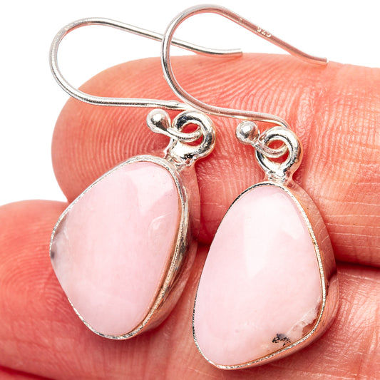 Pink opal teardrop earrings in .925 sterling silver, wire hooks, bezel-set stone