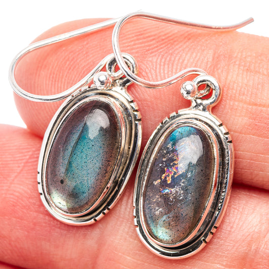 Oval labradorite drop earrings, .925 sterling silver bezels with iridescent blue stone