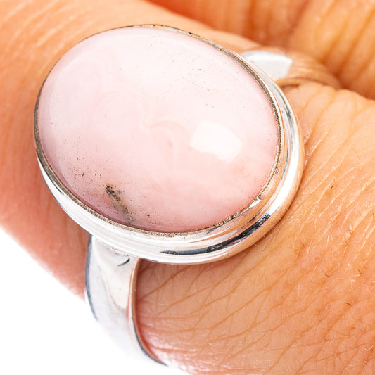 Pink opal oval cabochon sterling silver ring, size 8, polished bezel setting