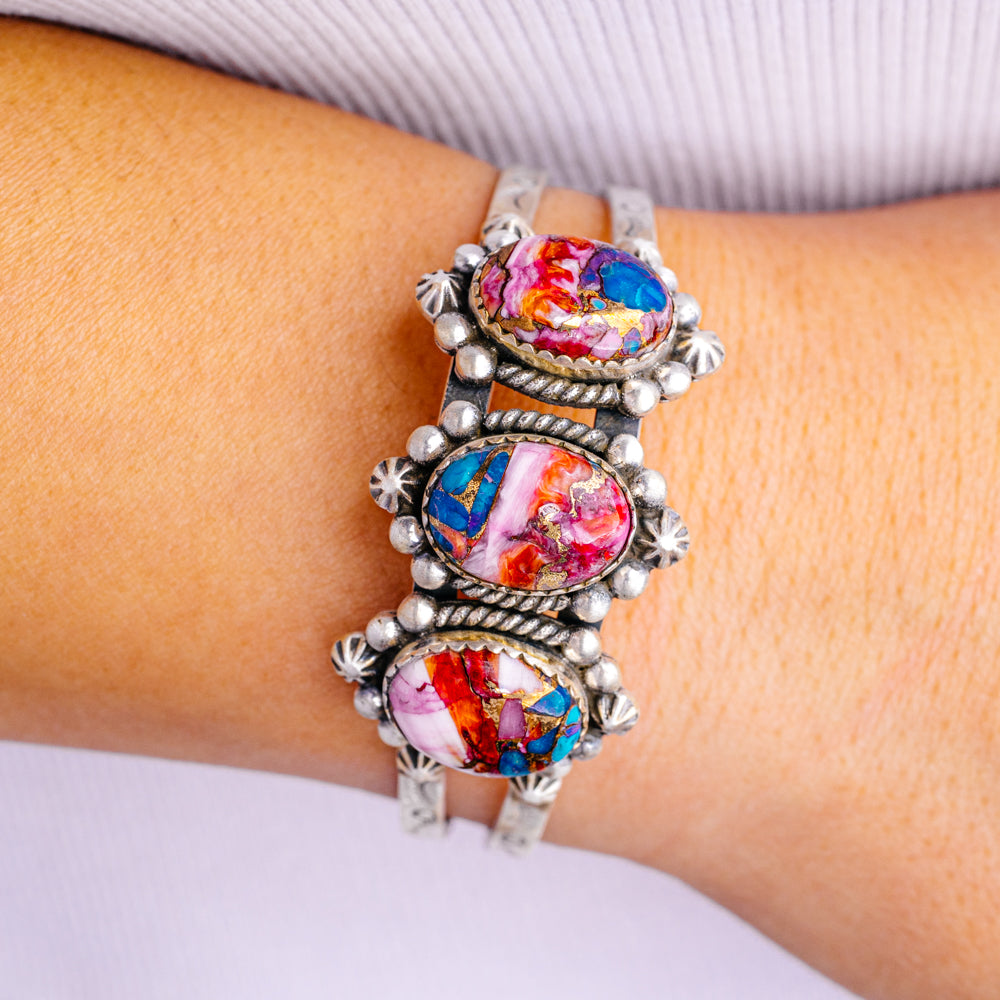 Pink Dahlia Turquoise Bracelet Adjustable (.925 Sterling Silver)